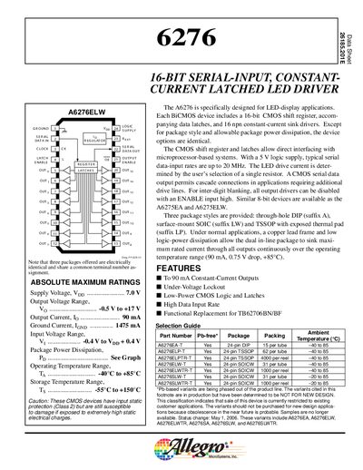 Allegro MicroSystems A6276 LED Driver Datasheet - cover page