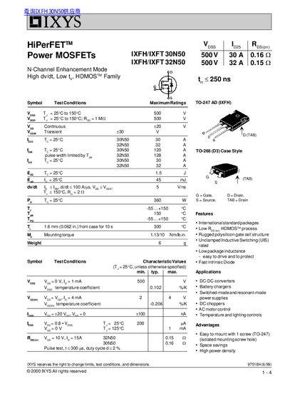 IXYS IXFH/IXFT 30N50/32N50 Power MOSFET Datasheet