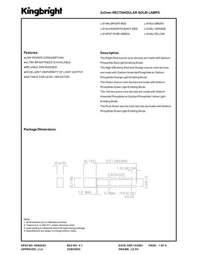 Kingbright L-914HxBRIGHT Red LED Datasheet - cover page