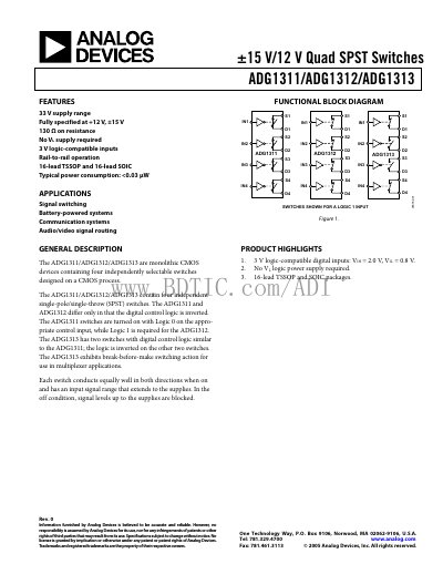 Analog Devices ADG1311/ADG1312/ADG1313 Quad SPST Switches Datasheet - cover page