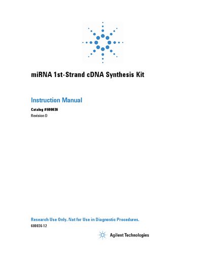 Agilent miRNA 1st-Strand cDNA Synthesis Kit Instruction Manual - cover page