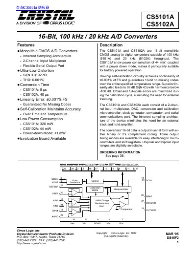 Crysta CS5101A CS5102A 16-Bit 100 kHz 20 kHz A/D Converters Manual - cover page