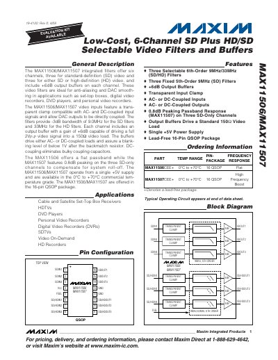 Maxim Integrated MAX11506/MAX11507 Video Filter and Buffer Datasheet - cover page