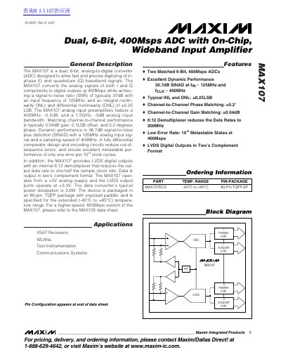 MAXIM MAX107 Dual 6-Bit 400Msps ADC Datasheet