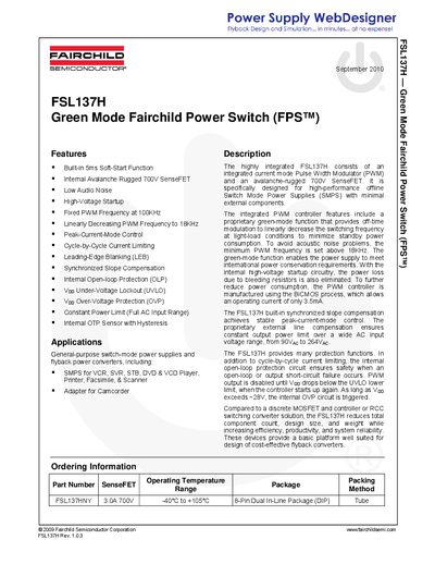 Fairchild Semiconductor FSL137H Power Switch Datasheet - cover page
