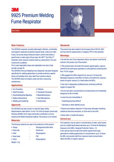 3M 9925 Premium Welding Fume Respirator Data Sheet - cover page