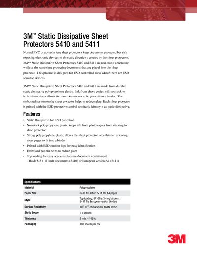 3M 5410 and 5411 Sheet Protectors Product Leaflet - cover page