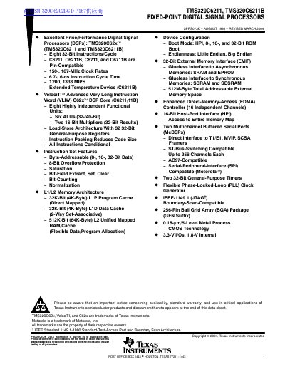 TEXAS INSTRUMENTS TMS320C6211 TMS320C6211B FIXED-POINT DIGITAL SIGNAL PROCESSORS Data Sheet - cover page