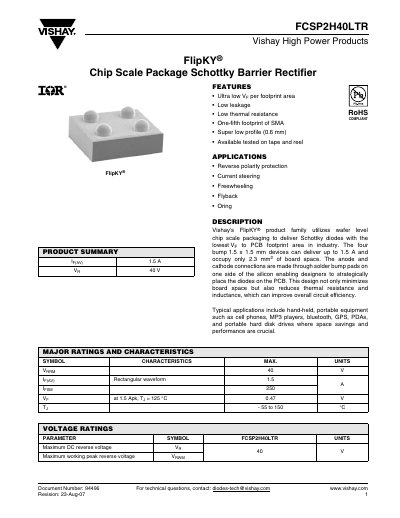 Vishay FCSP2H40LTR FlipKY® Schottky Barrier Rectifier Datasheet - cover page