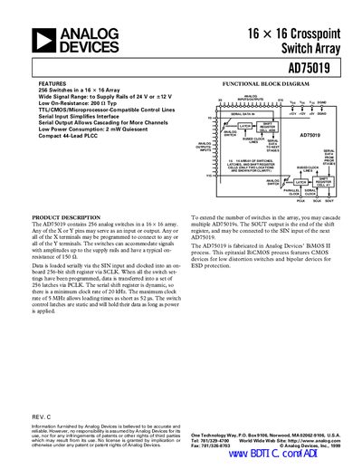 Analog Devices AD75019 16x16 Crosspoint Switch Datasheet - cover page