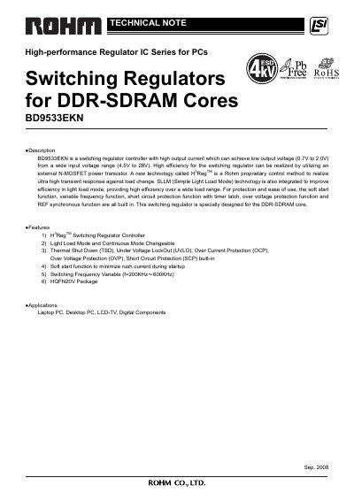 ROHM BD9533EKN Switching Regulator Controller Datasheet - cover page
