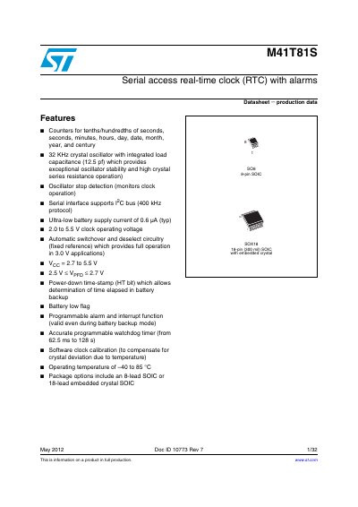 STMicroelectronics M41T81S RTC Datasheet
