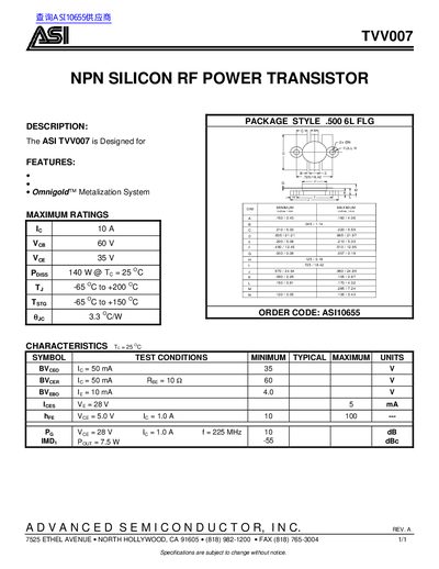ASI TVV007 NPN Silicon RF Power Transistor Datasheet - cover page