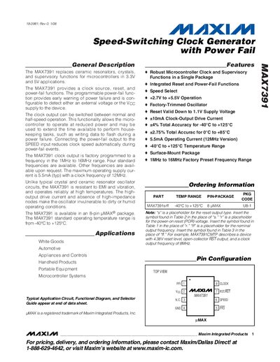 Maxim MAX7391 Speed-Switching Clock Generator with Power Fail Datasheet - cover page
