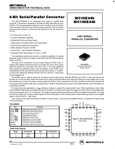 Motorola MC10E445/MC100E445 4-Bit Serial/Parallel Converter Datasheet - cover page