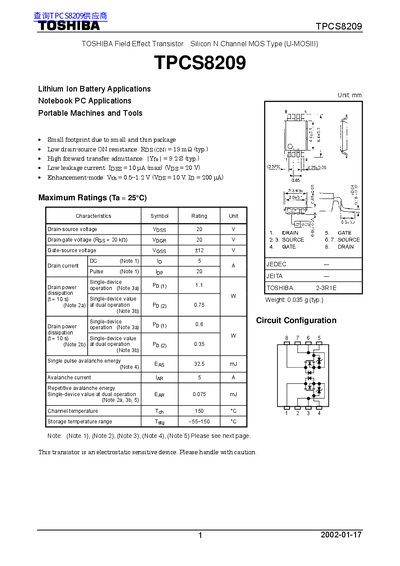 Toshiba TPCS8209 Datasheet - cover page