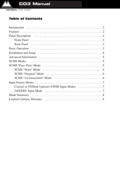 M-Audio CO3 Digital Audio Format Converter User Manual - cover page