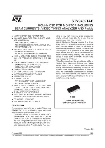 STMicroelectronics STV9432TAP OSD Monitor Datasheet - cover page