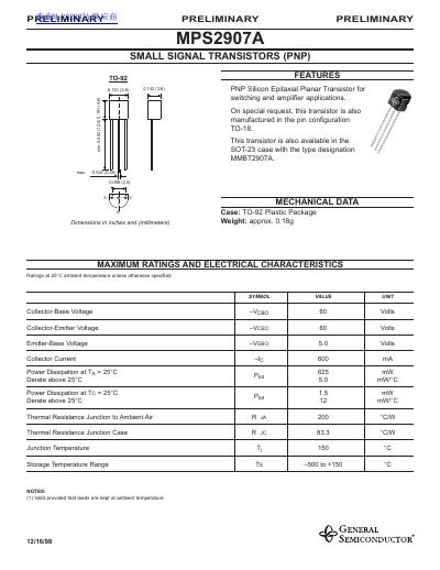 General Semiconductor MPS2907A Small Signal Transistor Datasheet - cover page