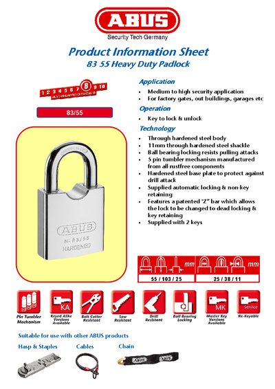 ABUS 83 55 Heavy Duty Padlock Product Information Sheet - cover page