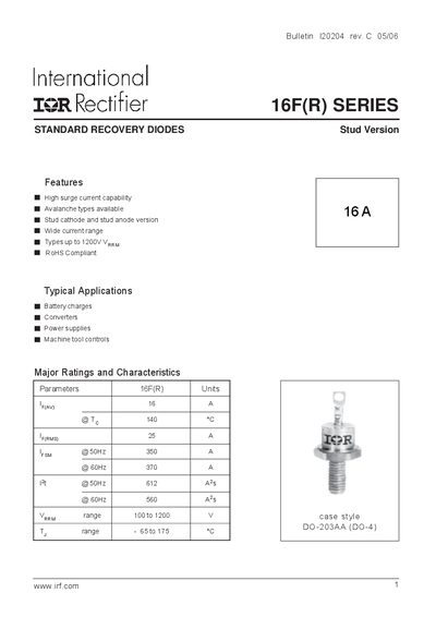 International Rectifier 16F(R) Series Rectifier Datasheet - cover page