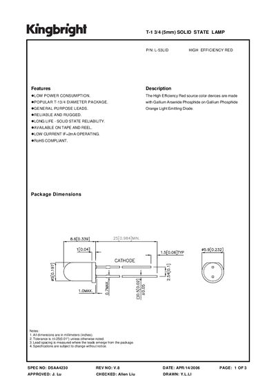 KINGBRIGHT T-1 3/4 (5mm) SOLID STATE LAMP L-53LID Manual - cover page