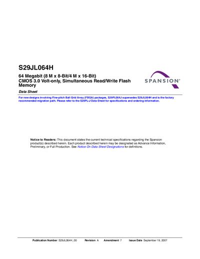 SPANSION S29JL064H S29JL064H Cover Sheet 64 Megabit (8 M x 8-Bit/4 M x 16-Bit) CMOS 3.0 Volt-only Simultaneous Read/Write Flash Memory Data Sheet - cover page