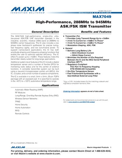 Maxim MAX7049 ISM Transmitter Datasheet - cover page