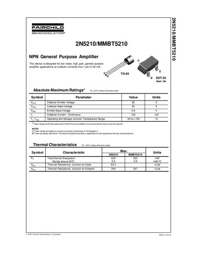 Fairchild 2N5210/MMBT5210 NPN General Purpose Amplifier Datasheet - cover page