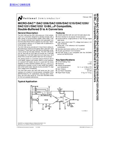 National Semiconductor MICRO-DAC TM DAC1208/DAC1209/DAC1210/DAC1230/ DAC1231/DAC1232 12-Bit mP Compatible Double-Buffered D to A Converters handbook - cover page