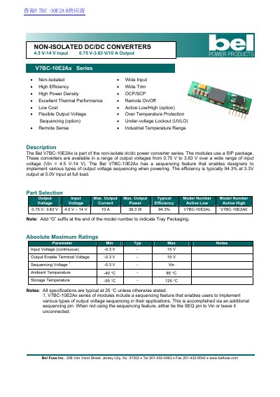 Bel Fuse V7BC-10E2Ax Series Non-Isolated DC/DC Converter Datasheet - cover page