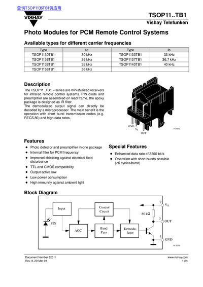Vishay TSOP11..TB1 Series Infrared Receiver Datasheet - cover page