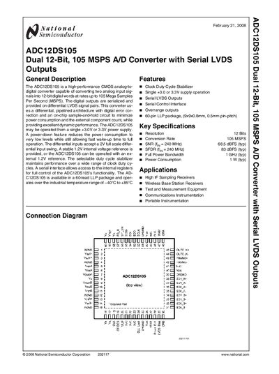 National Semiconductor ADC12DS105 Dual 12-Bit 105 MSPS A/D Converter Datasheet - cover page