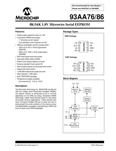 Microchip 93AA76/86 1.8V Microwire Serial EEPROM Datasheet