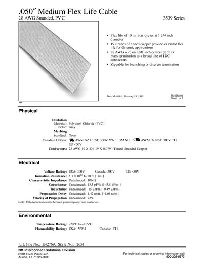 3M 3539 Series Cable Datasheet - cover page