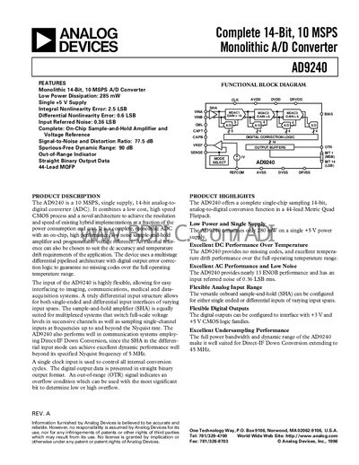 Analog Devices AD9240 14‑Bit 10 MSPS ADC Datasheet - cover page
