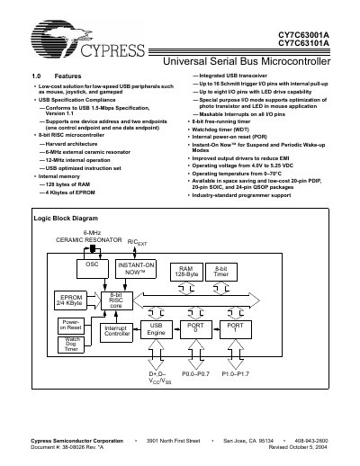 CYPRESS CY7C63001A CY7C63101AUniversal Serial Bus Microcontroller Manual - cover page