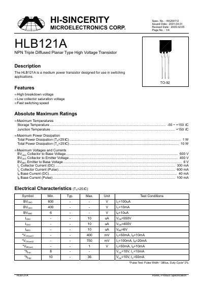 Hi-Sincerity HLB121A NPN Transistor Product Specification - cover page