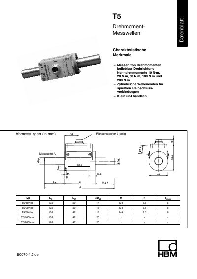 HBM T5 Torque Measurement Shaft Datasheet - cover page