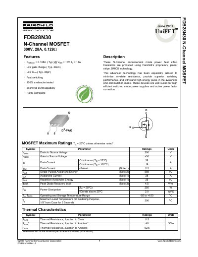 Fairchild FDB28N30 N-Channel MOSFET Datasheet - cover page