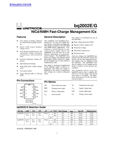 Texas Instruments bq2002E/G Fast-Charge Management IC Datasheet - cover page