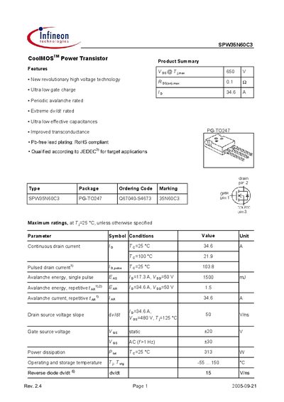 Infineon SPW35N60C3 Power Transistor Datasheet - cover page