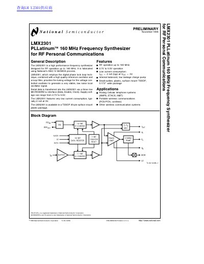 National Semiconductor LMX2301 PLLatinum Frequency Synthesizer Datasheet - cover page