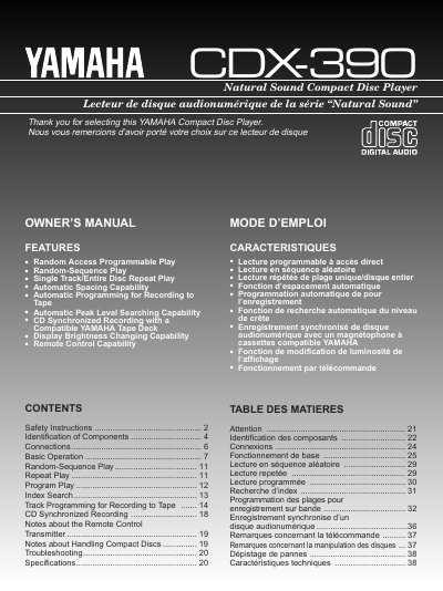 Yamaha CDX-390 Compact Disc Player Owner's Manual - cover page