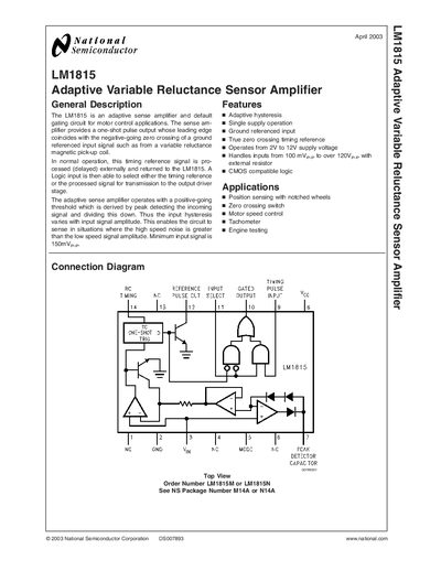 National Semiconductor LM1815 Adaptive Variable Reluctance Sensor Amplifier Manual