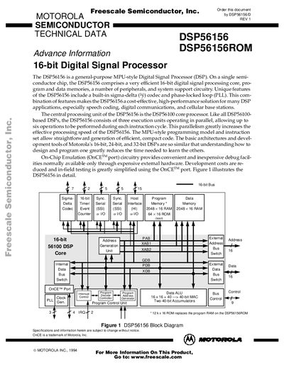 MOTOROLA DSP56156 DSP56156ROM DATA SHEET - cover page