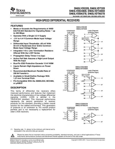 TEXAS INSTRUMENTS SN65LVDS32B SN65LVDT32B SN65LVDS3486B SN65LVDT3486B SN65LVDS9637B SN65LVDT9637B Manual