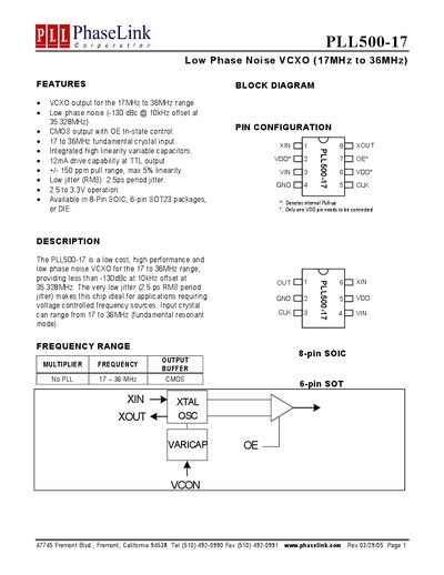 PhaseLink PLL500-17 Low Phase Noise VCXO Datasheet - cover page