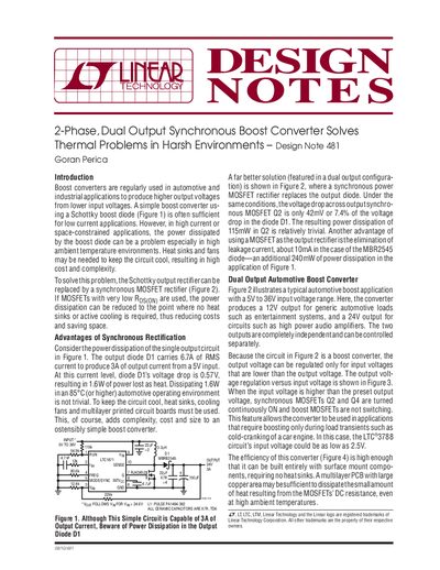LINEAR 2-Phase Dual Output Synchronous Boost Converter Solves Thermal Problems in Harsh Environments Design Note 481 handbook - cover page
