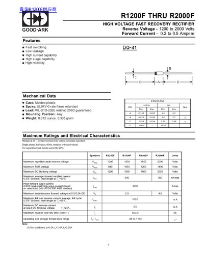 GOOD-ARK R1200F Through R2000F High Voltage Fast Recovery Rectifier Datasheet - cover page